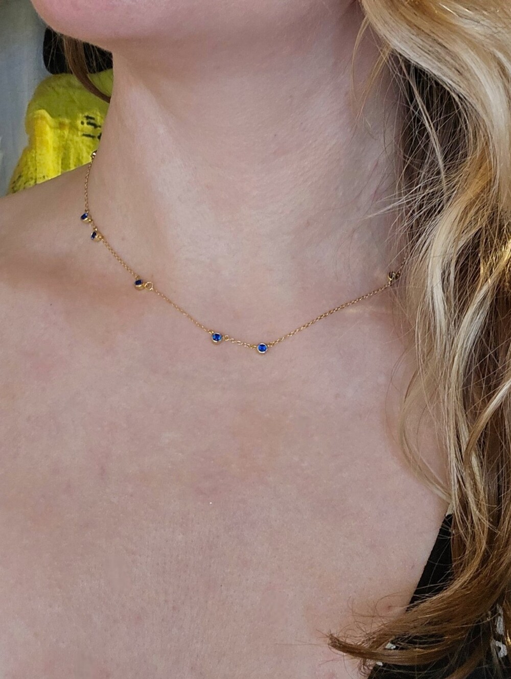 Madewell Gold Demi-Fine Sapphire Choker Necklace Dainty Chain 16" CZ Sparkle - Picture 4 of 10
